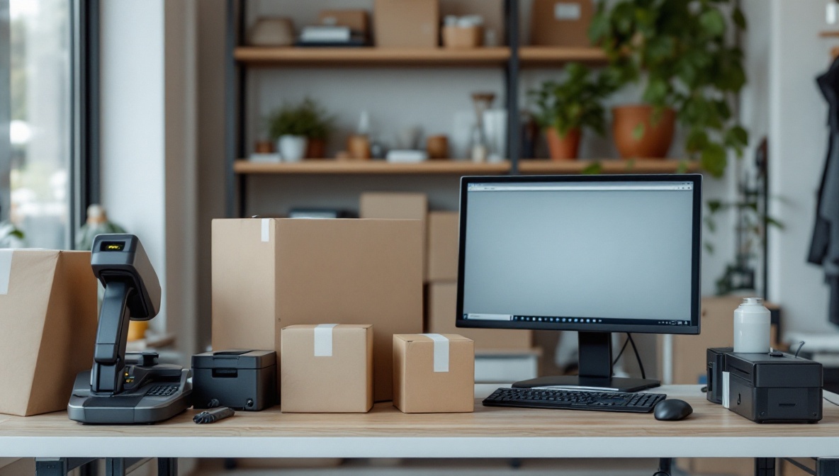 E-commerce operations desk beside packing materials